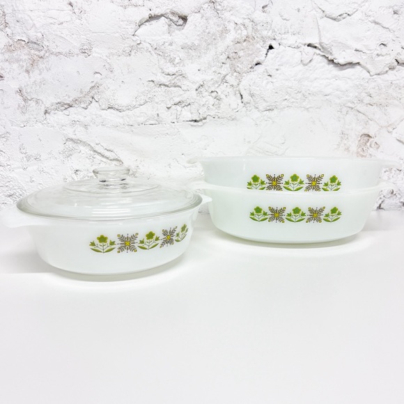 VINTAGE Anchor Hocking Fire King Round Casserole Green Meadow set of x3 - Picture 3 of 9
